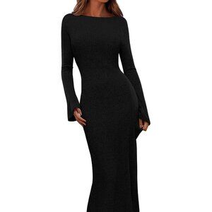 Women's Fall Ribbed Knit Bodycon Casual Party Cocktail Long Sleeve Maxi Dress